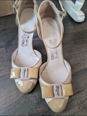 Salvatore Ferragamo Women's Beige Patent Bow Ankle-Strap Pumps